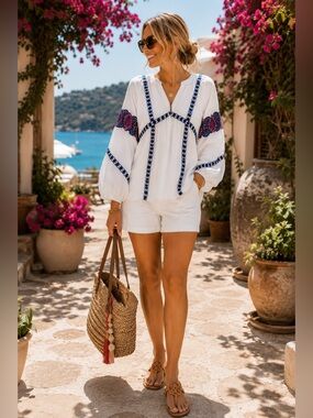 NWT Pomegranate Indian Flower  oversized Raglan Peasant Blouse XS